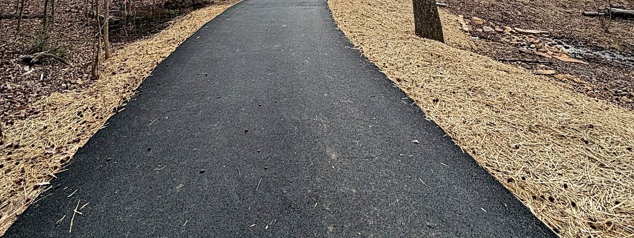 Newly paved asphalt walking path curving through a wooded North Carolina greenway