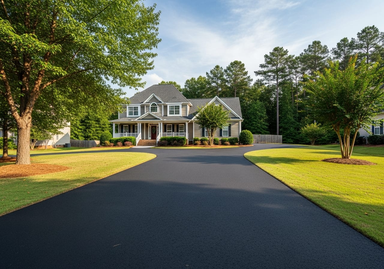 Freshly paved smooth black asphalt residential driveway leading to a two-story North Carolina home with a covered porch
