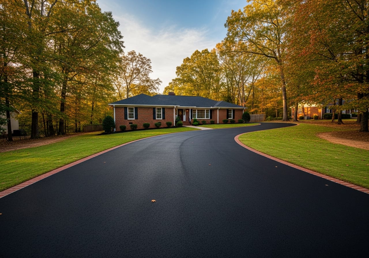 Wide, newly sealed asphalt driveway curving up to a brick ranch home in a North Carolina neighborhood